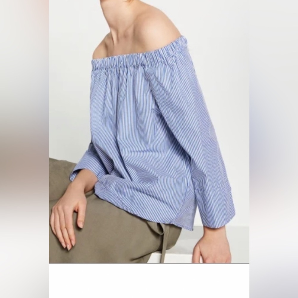Zara Off Shoulder Blue Striped Blouse M NEW